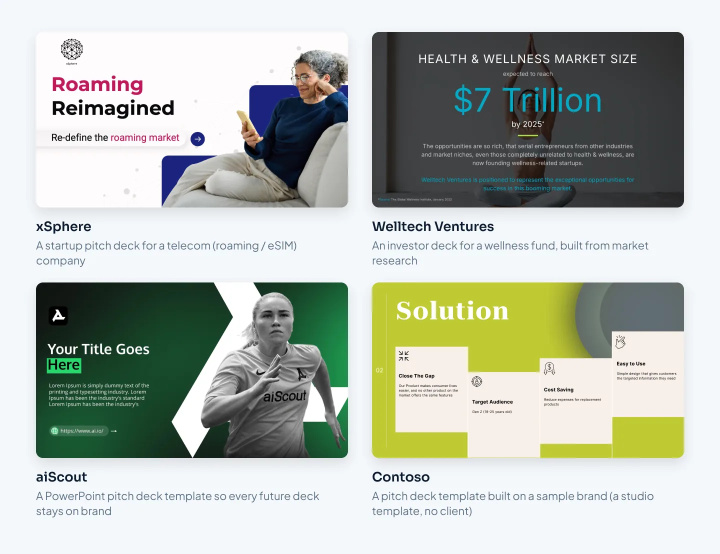 Four slides from Pixel Presentation case studies: the xSphere startup pitch deck, the Welltech Ventures investor deck, the aiScout pitch deck template and the Contoso pitch deck template
