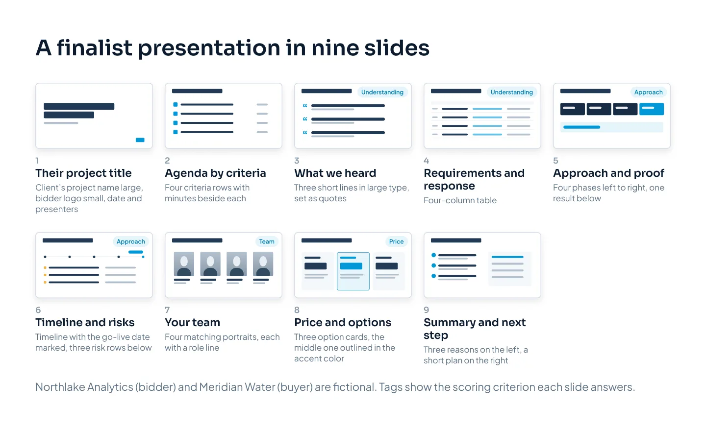 Nine slide thumbnails for a finalist presentation: a title slide with the client's project name, an agenda built on the panel's criteria, what we heard, a requirements table, approach, timeline and risks, team, three pricing options, and a summary with the next step