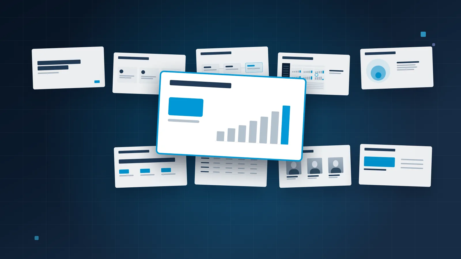 Ten small pitch deck slides in a loose grid on a navy background, with one slide lifted out of the grid and highlighted