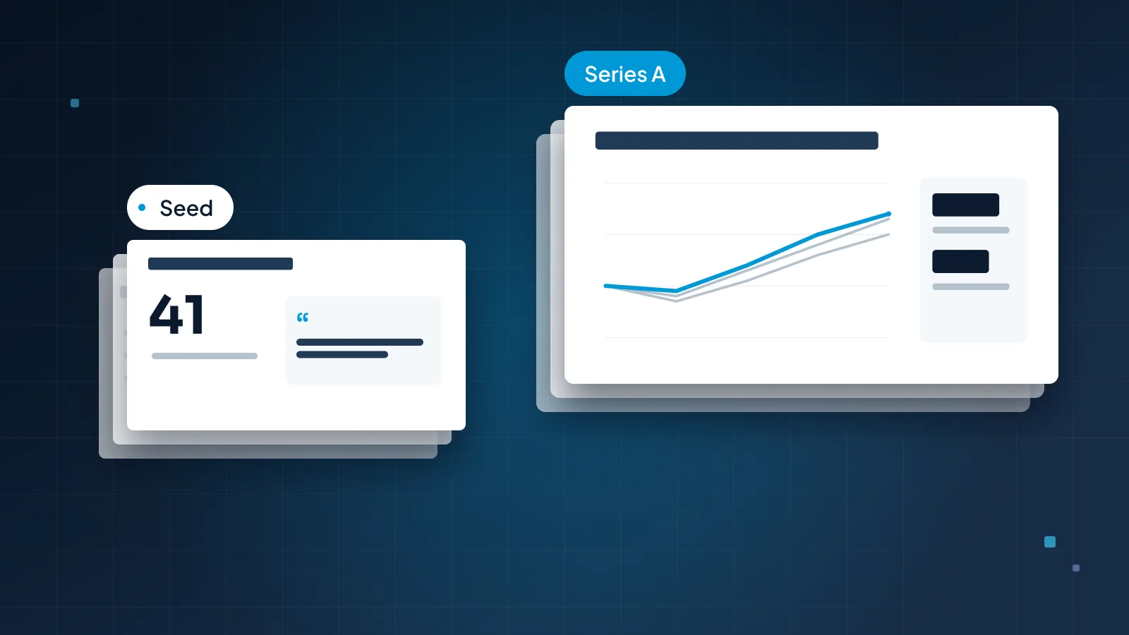 Two pitch decks side by side on a navy background, the right one taller, with a rising line chart on its top slide