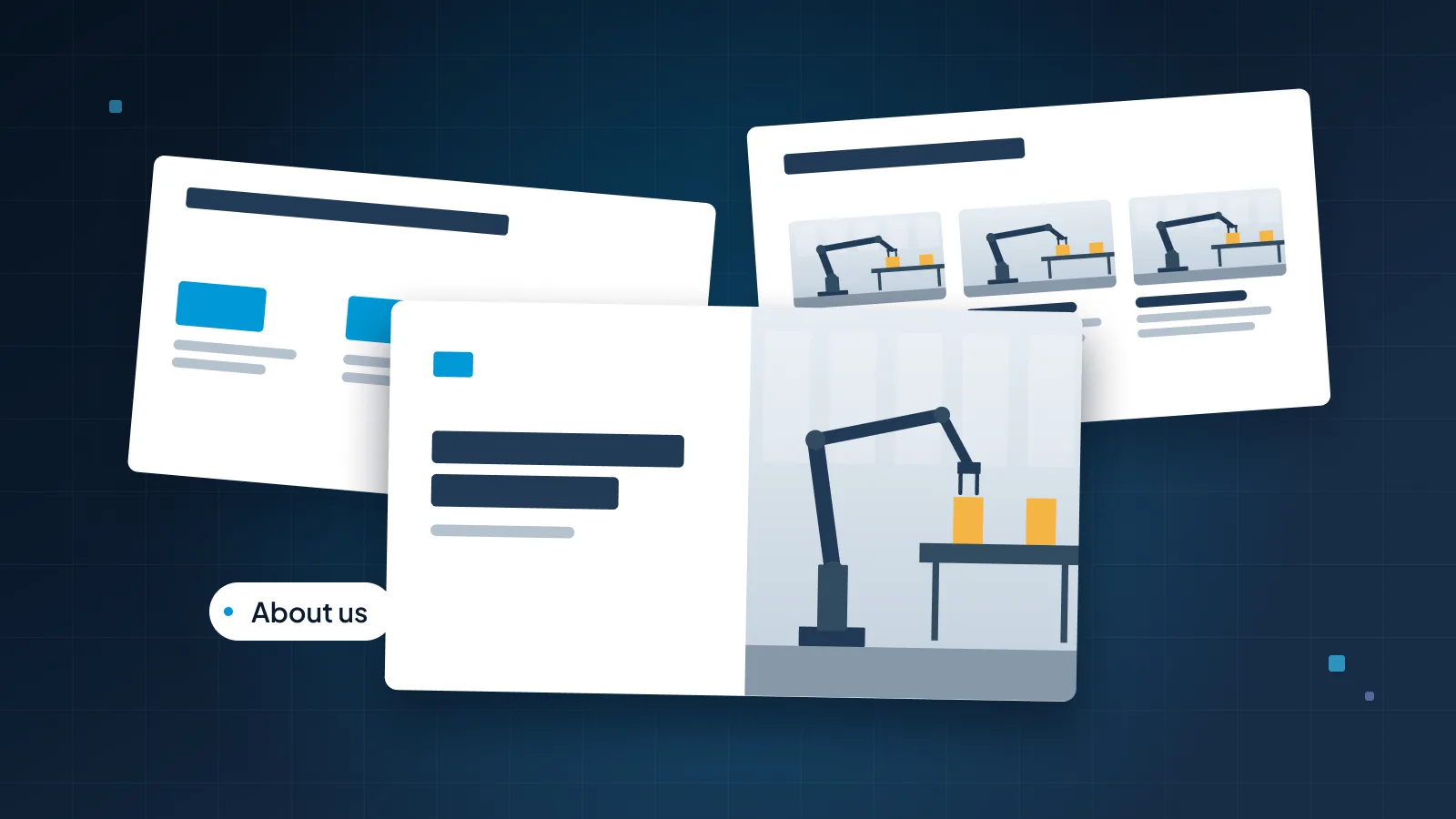 A company profile cover slide and two inner slides fanned out on a navy background, with a small About us pill label