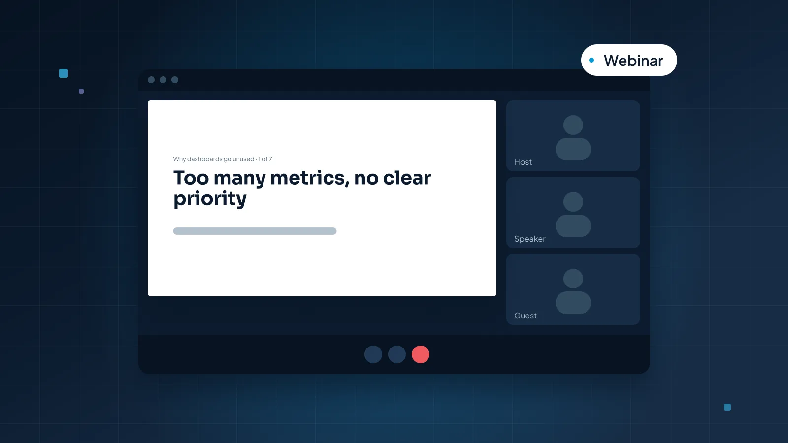 A laptop-style video call frame on a navy background, with a clean slide filling the shared screen and three speaker tiles beside it