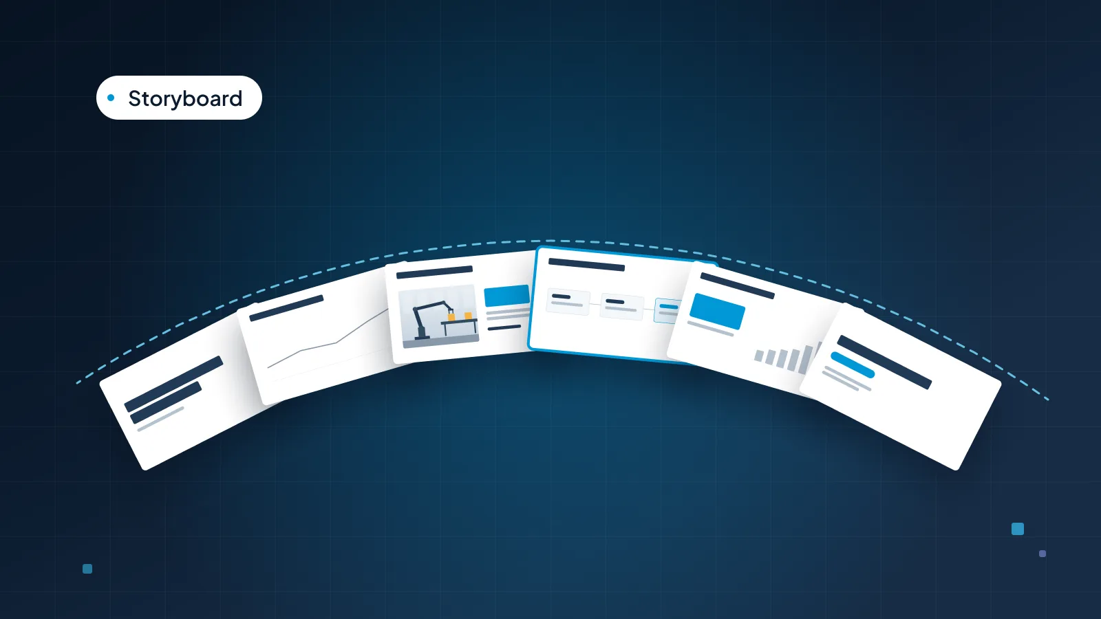 A storyboard of six small slides connected by a thin arc line on a navy background