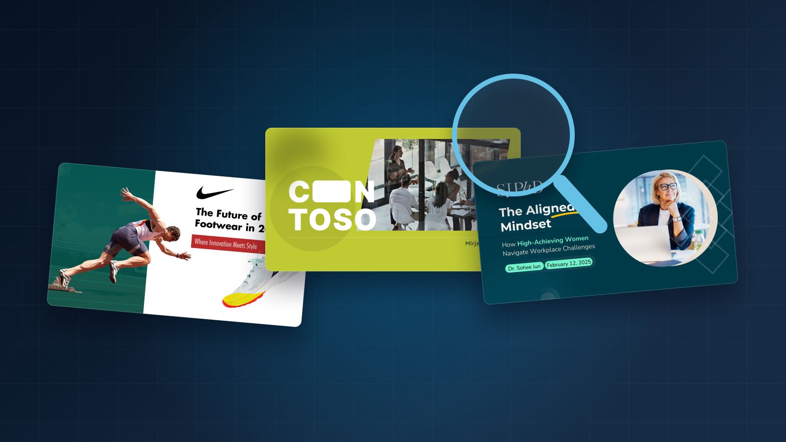 Four slide-shaped cards in a row on a light background, each in a different visual style, with one lifted slightly forward