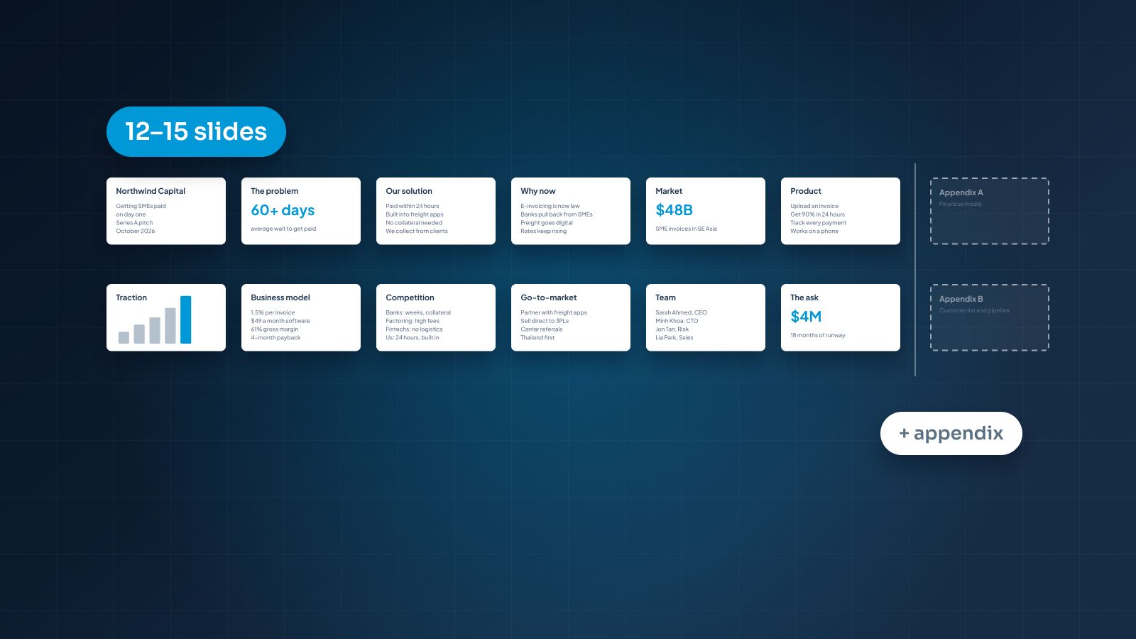 A slim stack of pitch deck slides beside a much taller stack, on a soft gray background