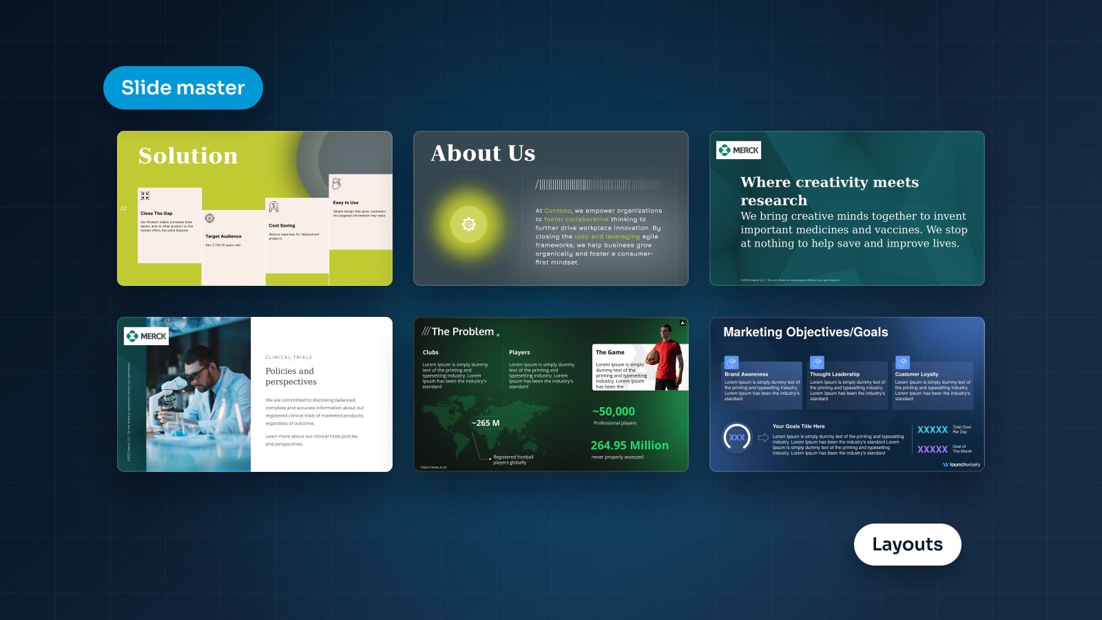 A set of blank slide layouts fanning out from one larger master slide, on a deep navy background