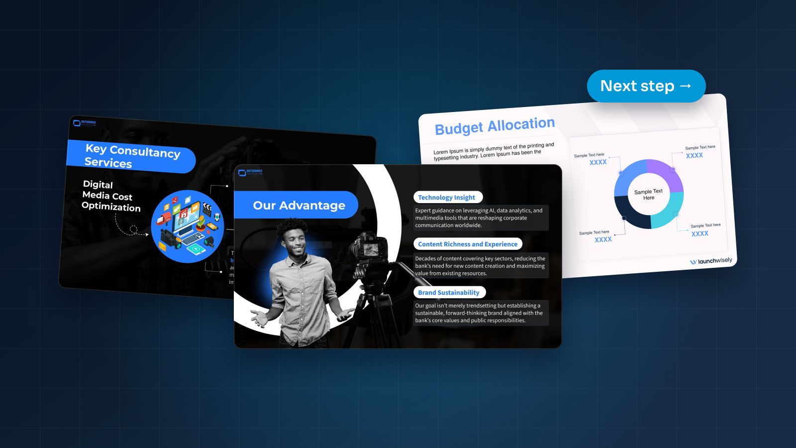 A row of sales deck slide thumbnails on a warm off-white background, with one proof slide lifted above the others