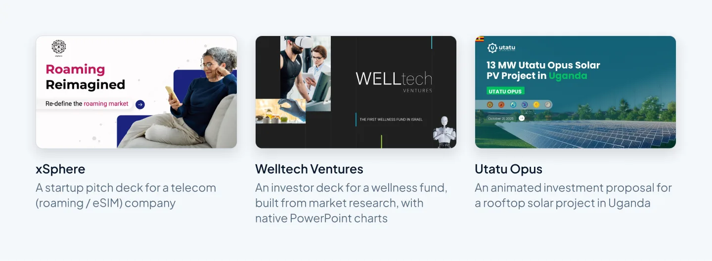 Slides from three investor-facing decks: the xSphere startup pitch deck, the Welltech Ventures investor deck and the Utatu Opus investment proposal