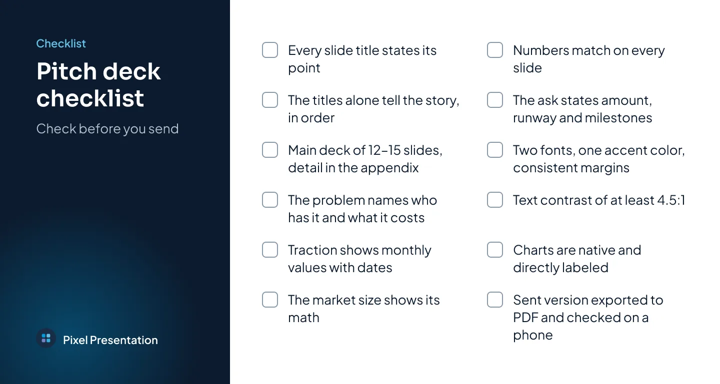 Preview of the pitch deck checklist card with twelve items covering story, slides, design and the file