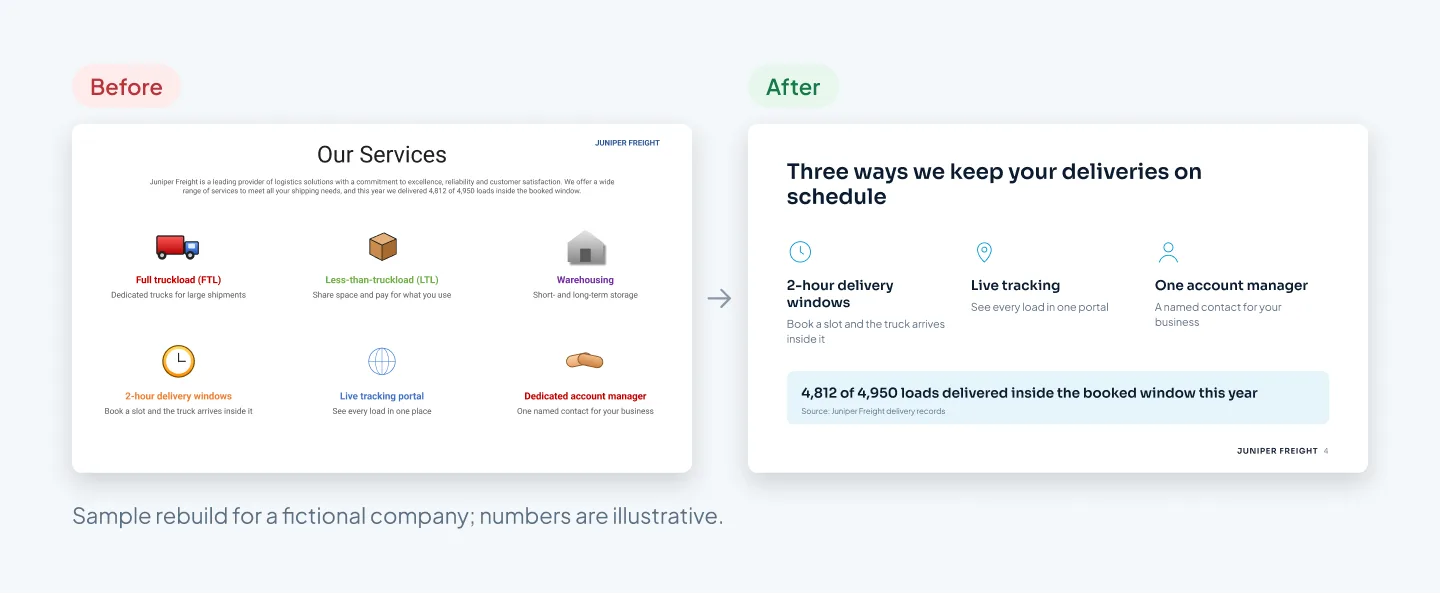 Before: an Our Services slide with a paragraph of claims and six mismatched clip-art icons. After: three columns with matching line icons and a proof line