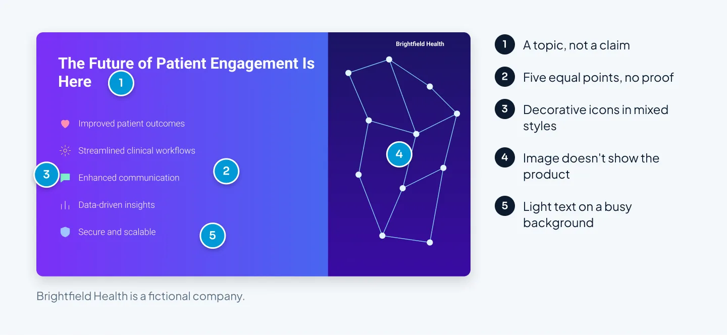 A fictional Brightfield Health slide titled "The Future of Patient Engagement Is Here" with five numbered callouts marking common signs of an AI draft