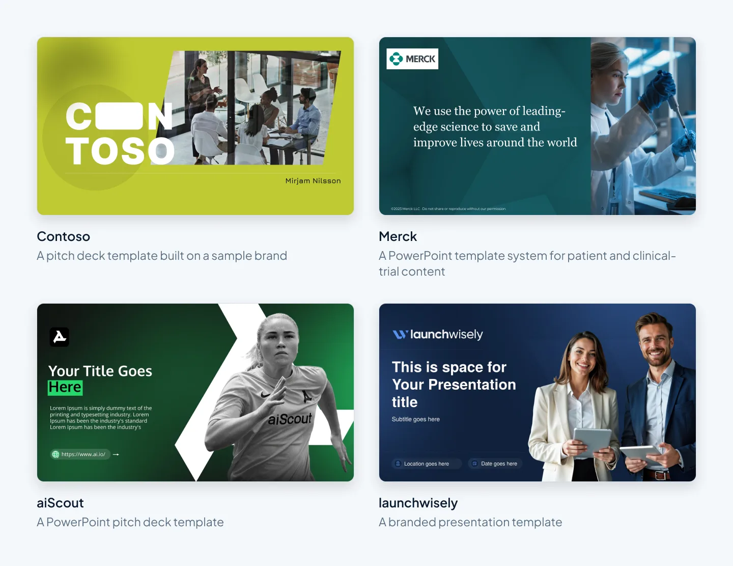 Four slides from template projects: Contoso, Merck, aiScout and launchwisely
