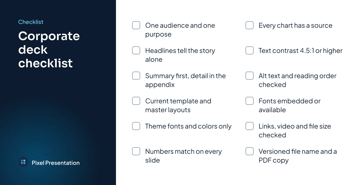 A checklist card titled Corporate deck checklist with twelve unticked items, from one audience and one purpose to a versioned file name and a PDF copy