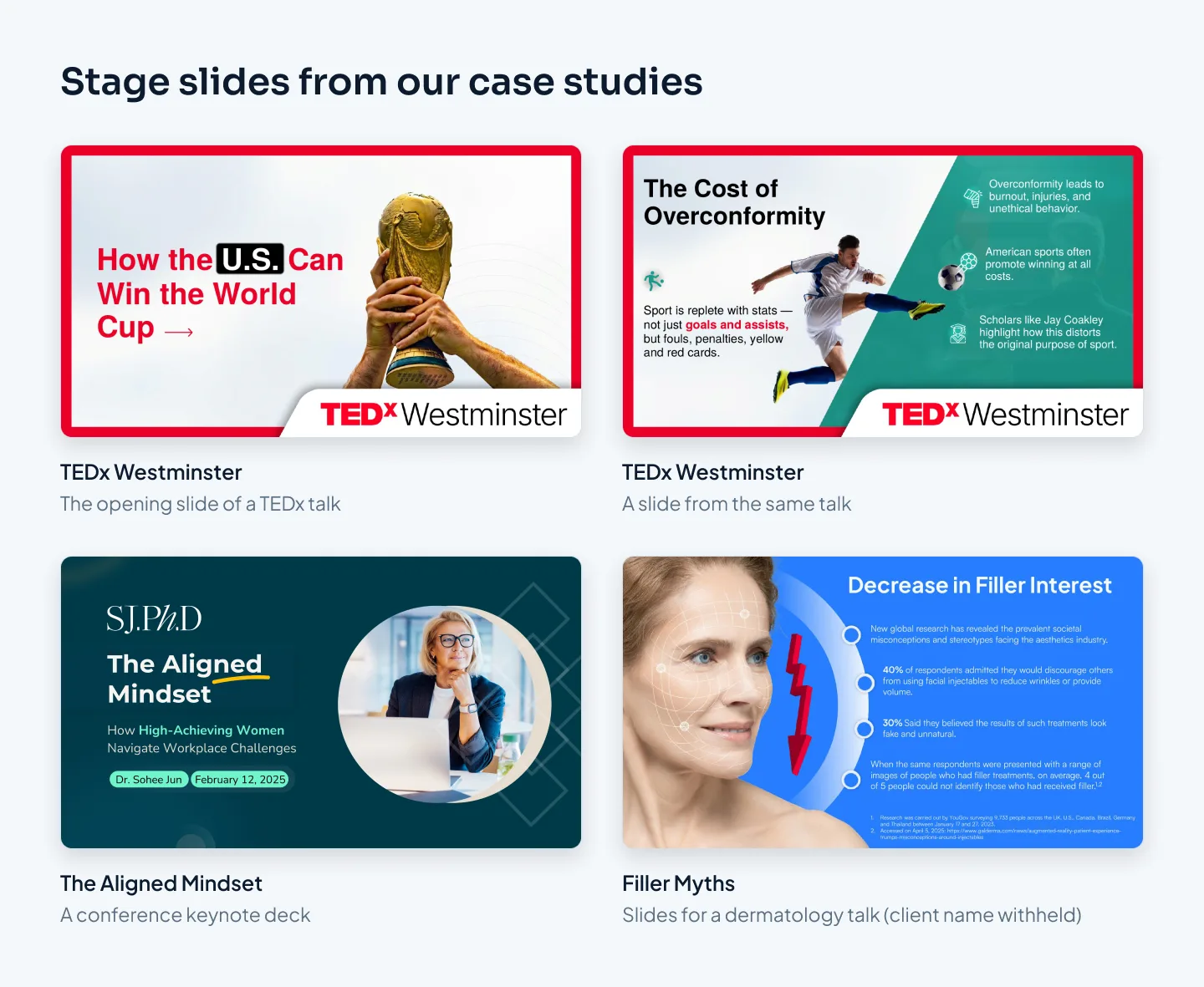 Four stage slides from Pixel Presentation case studies: two from TEDx Westminster, one from The Aligned Mindset and one from Filler Myths