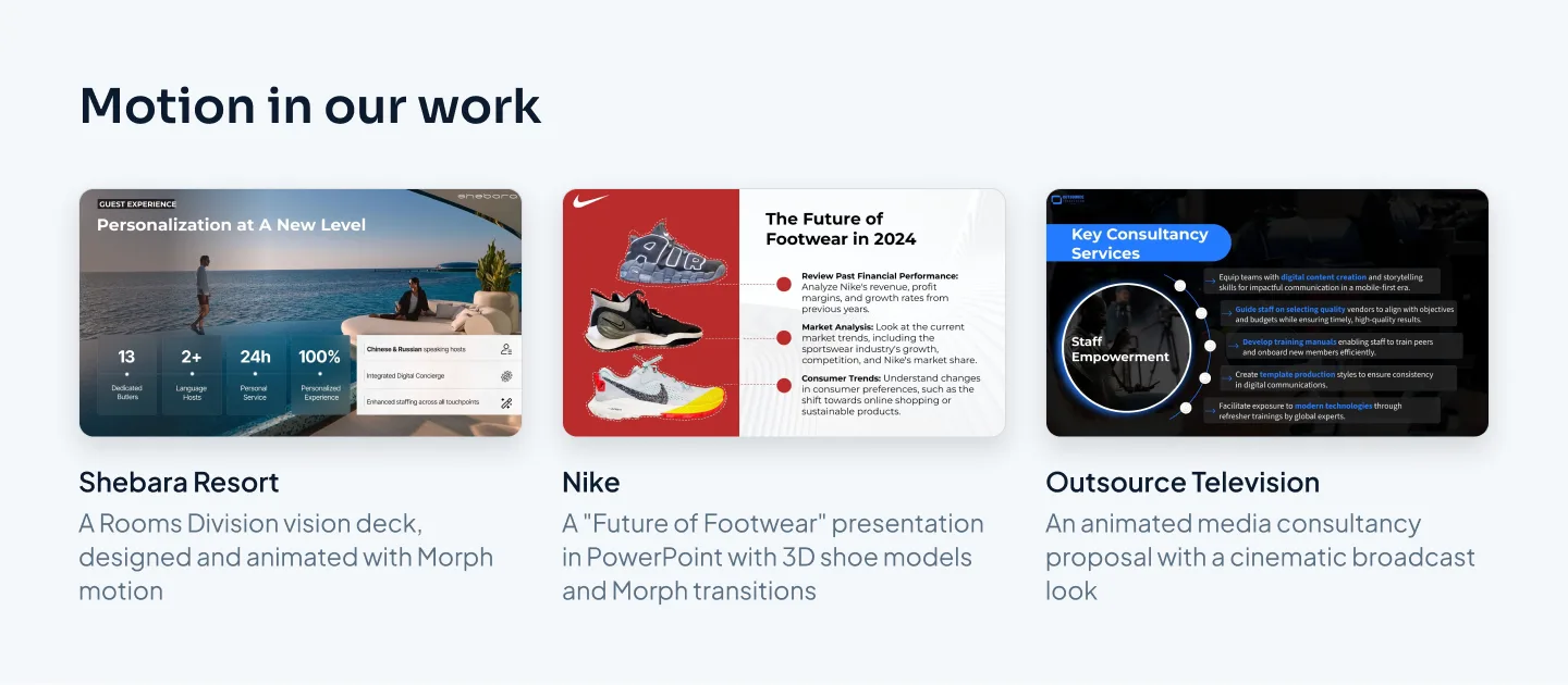 Three slides from animated client decks: Shebara Resort, Nike and Outsource Television