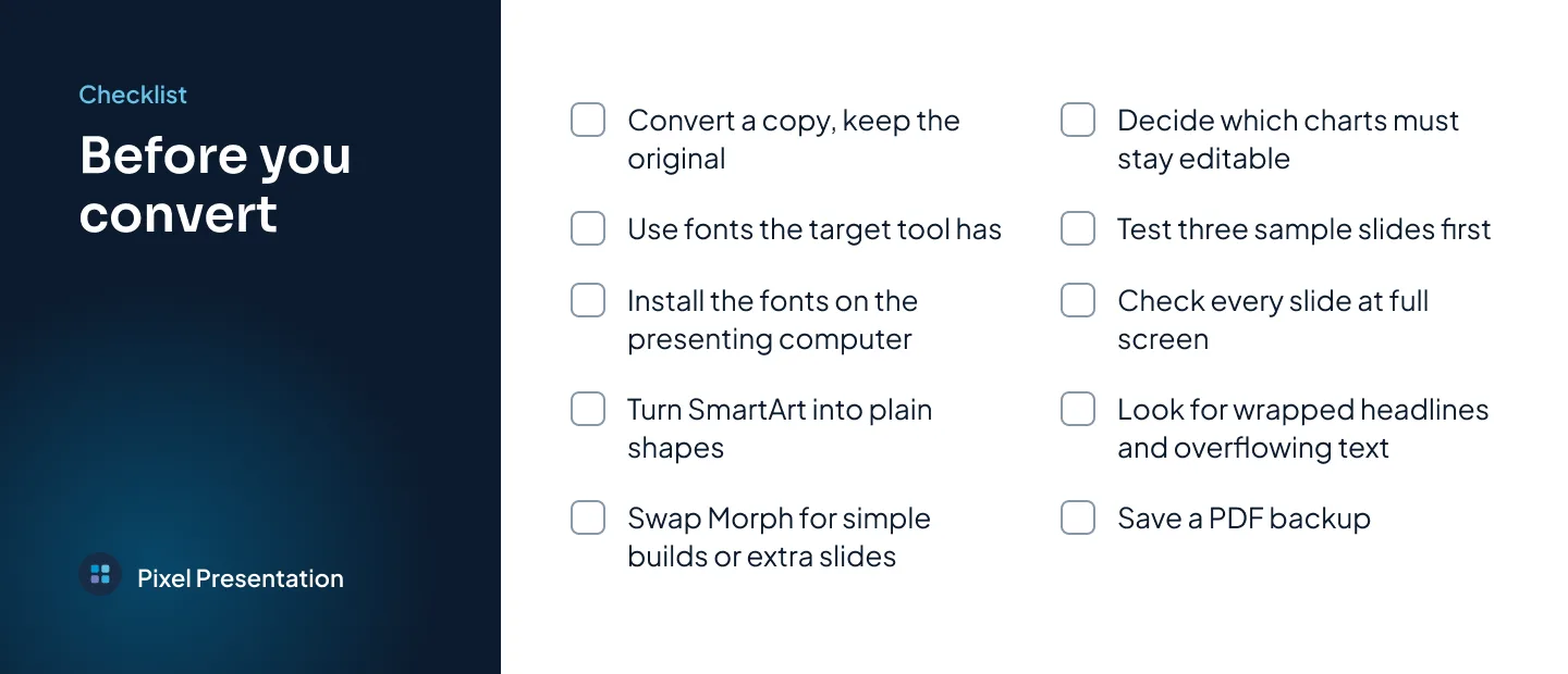 Checklist card titled Before you convert, with ten items from converting a copy to saving a PDF backup