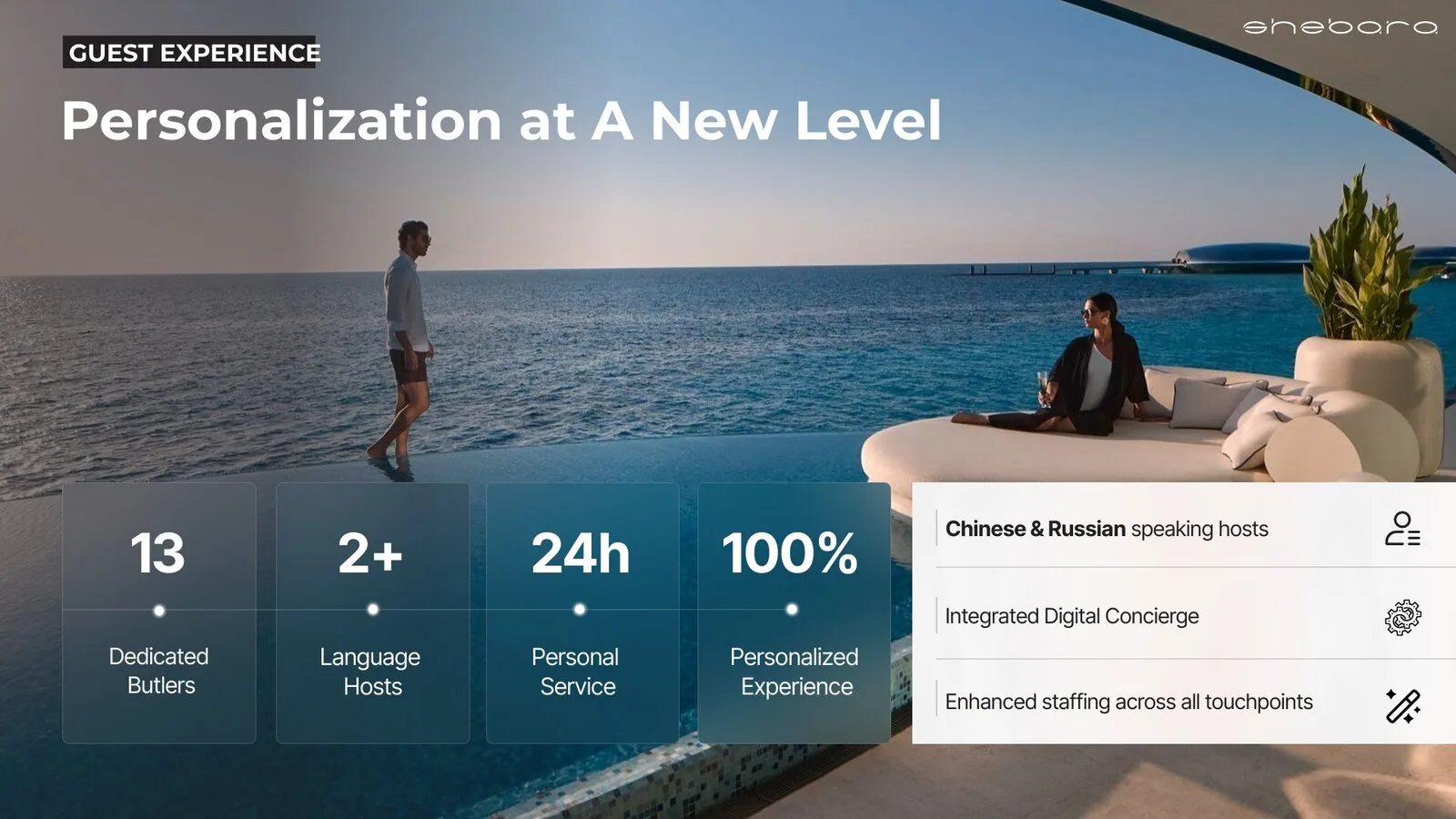 Guest experience slide: personal service figures on glass cards over an infinity pool and the sea