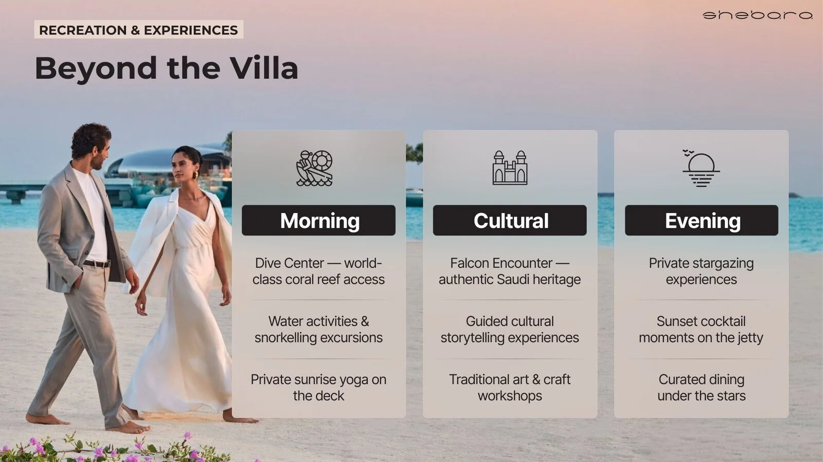 “Beyond the Villa” slide: morning, cultural and evening experiences beside a couple walking on the beach