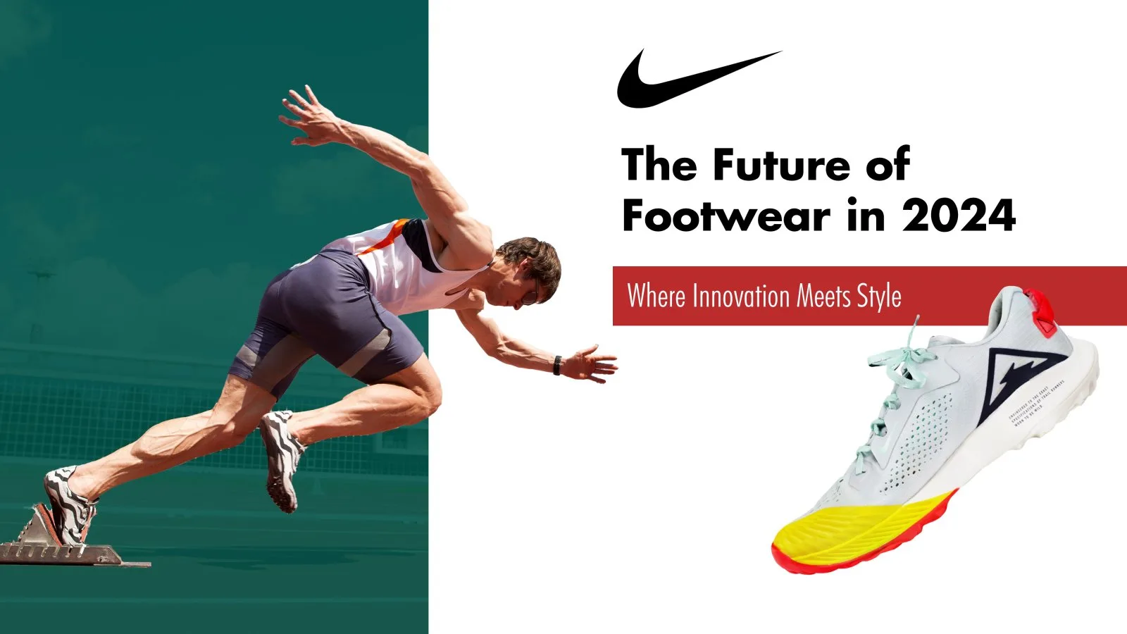 Title slide “The Future of Footwear in 2024”: a sprinter leaving the blocks beside a trail running shoe