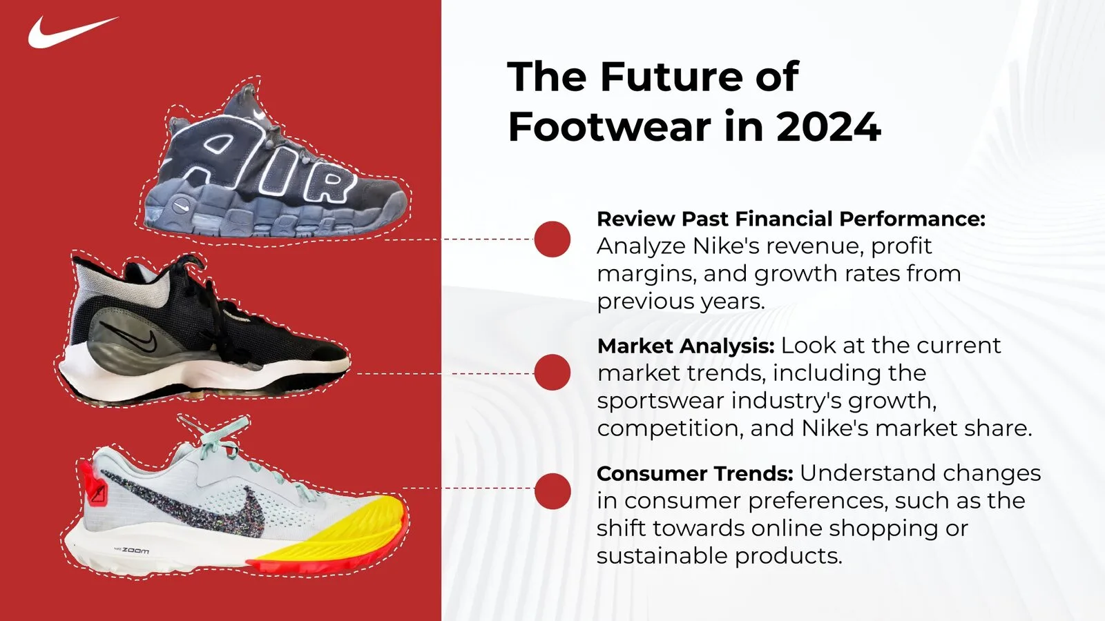 Outlook slide: sneakers outlined on red beside financial performance, market analysis and consumer trends