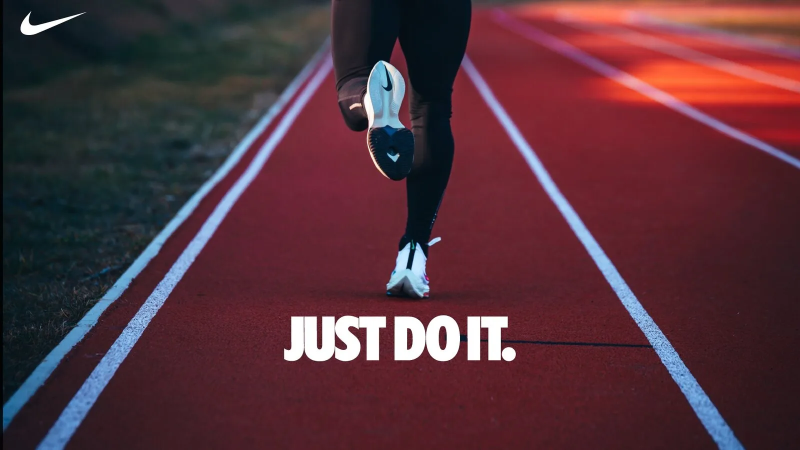 Brand slide: a runner on a red track with the brand’s slogan in bold white type