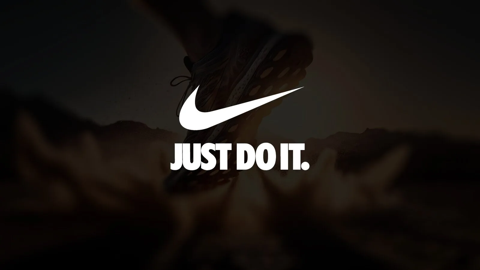 Brand slide: the logo and slogan in white over a dark, blurred running shoe