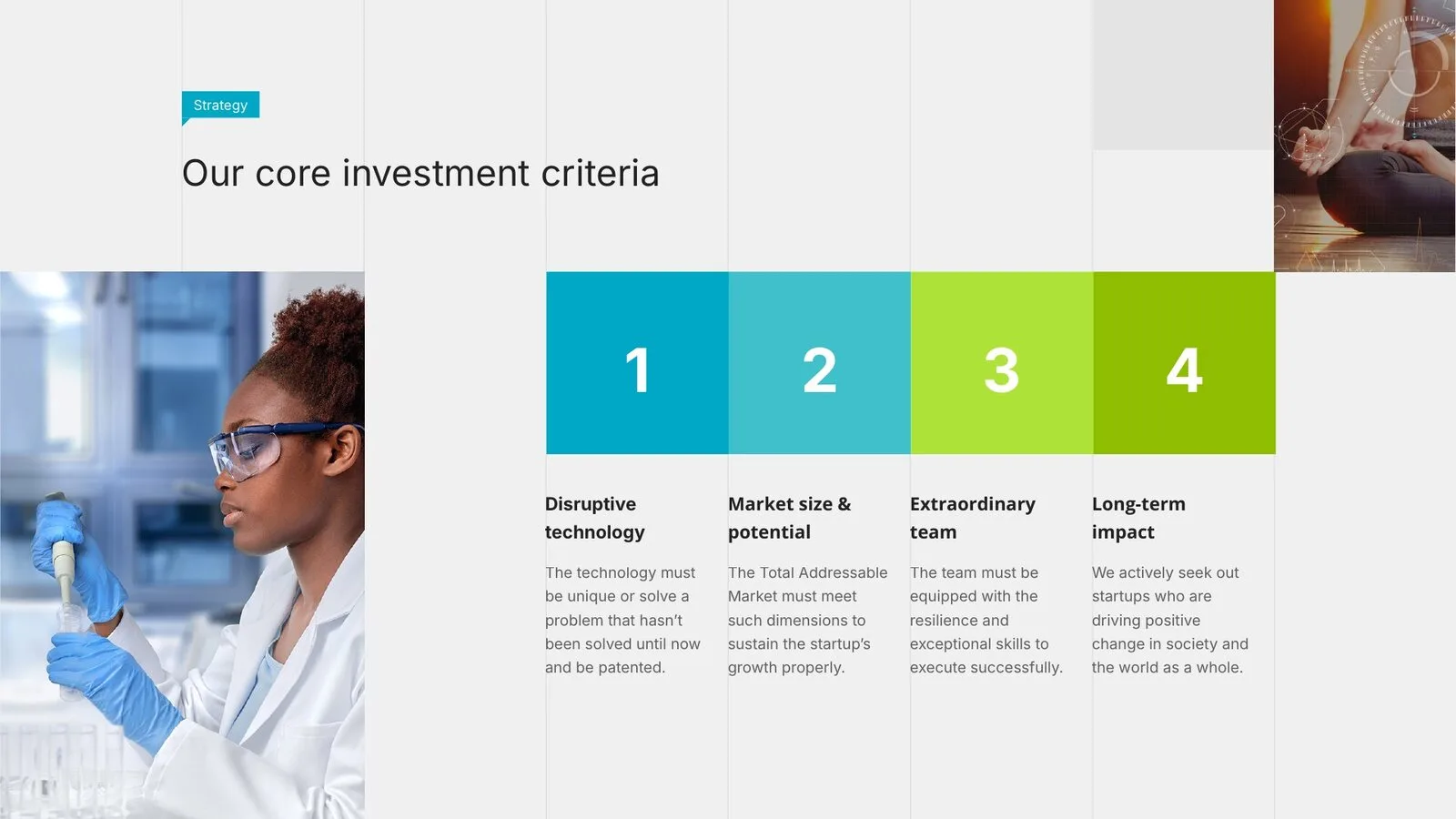 Investment criteria slide: coloured tiles for technology, market, team and impact beside a lab photo
