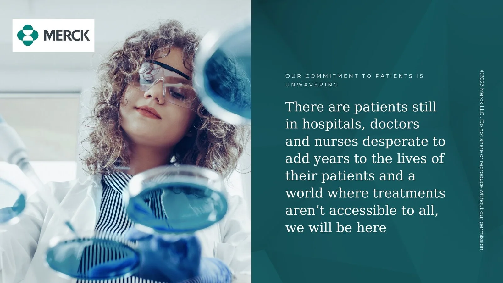 Quote layout: a researcher holding petri dishes beside a statement on patient commitment in serif type