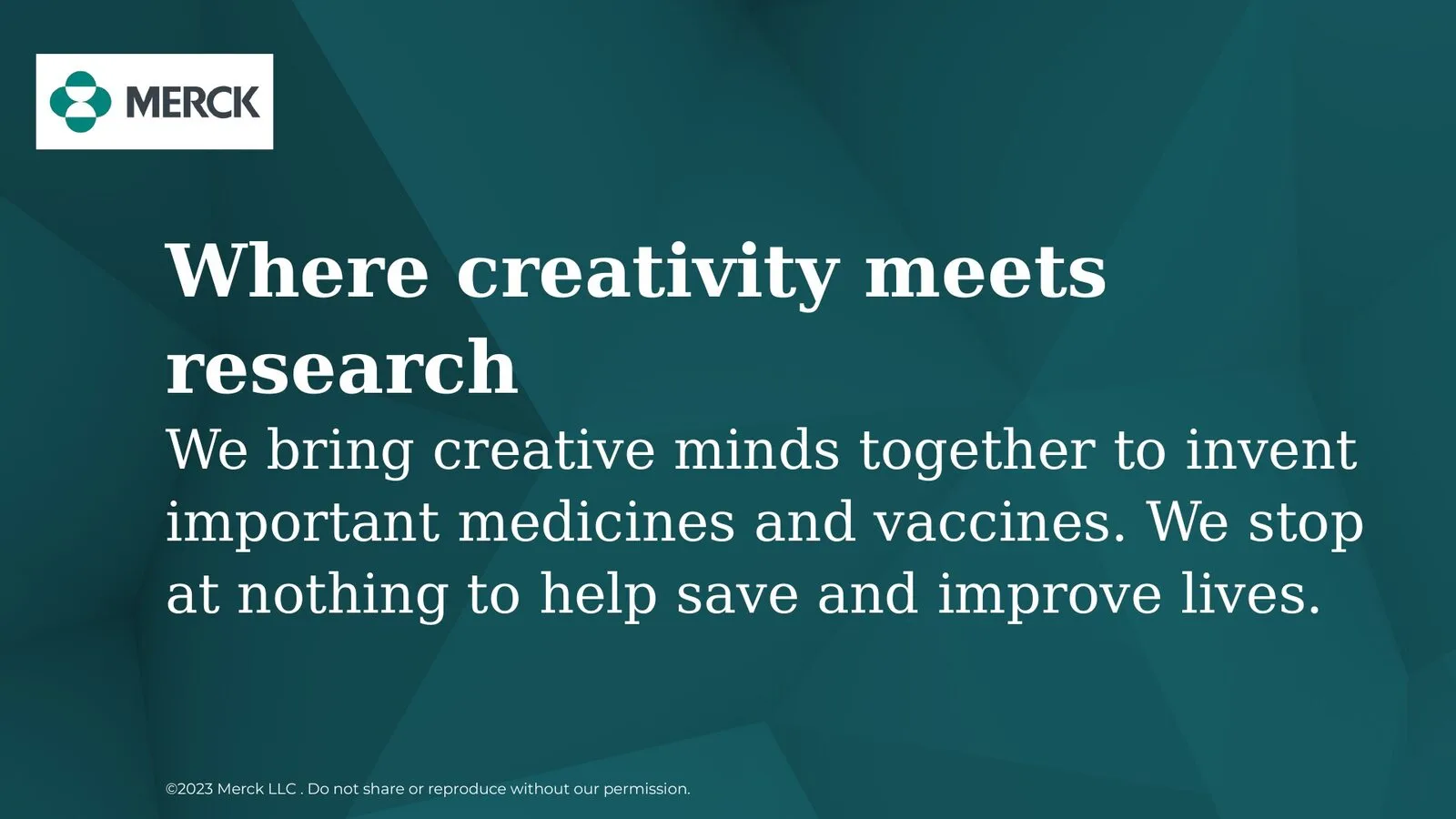 Section slide: “Where creativity meets research” in serif type on deep teal