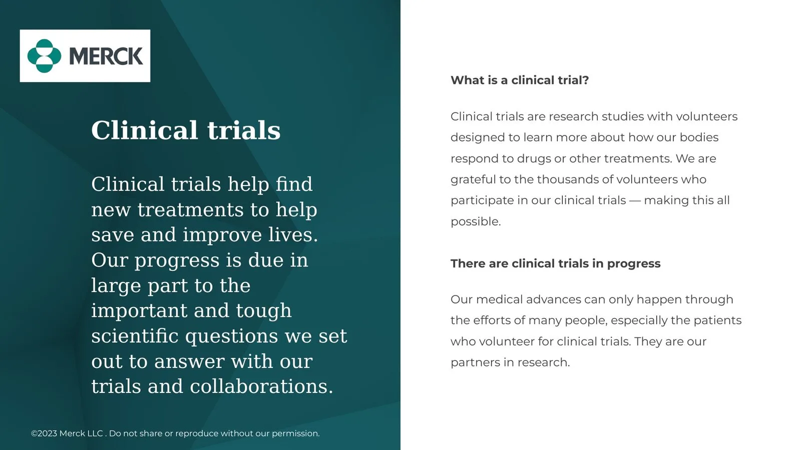 Clinical trials slide: a serif summary on teal beside explanatory text on white