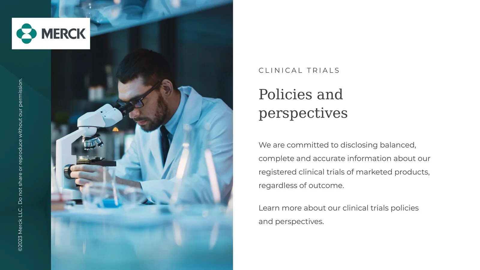 Policies slide: a scientist at a microscope beside text on clinical trial disclosure