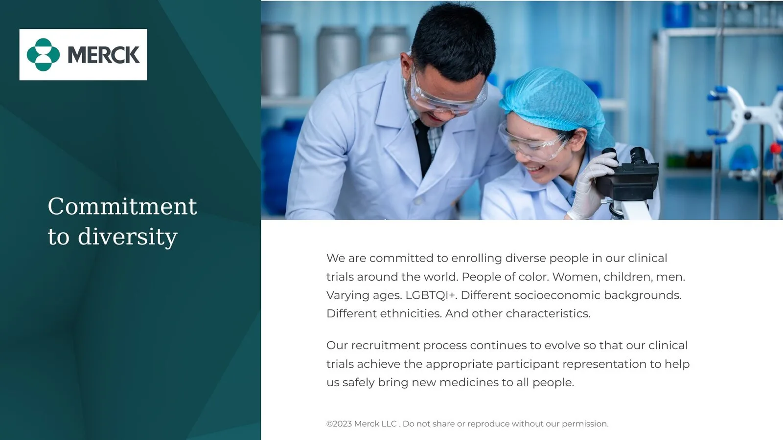 Diversity slide: researchers at a microscope above text on inclusive clinical trials