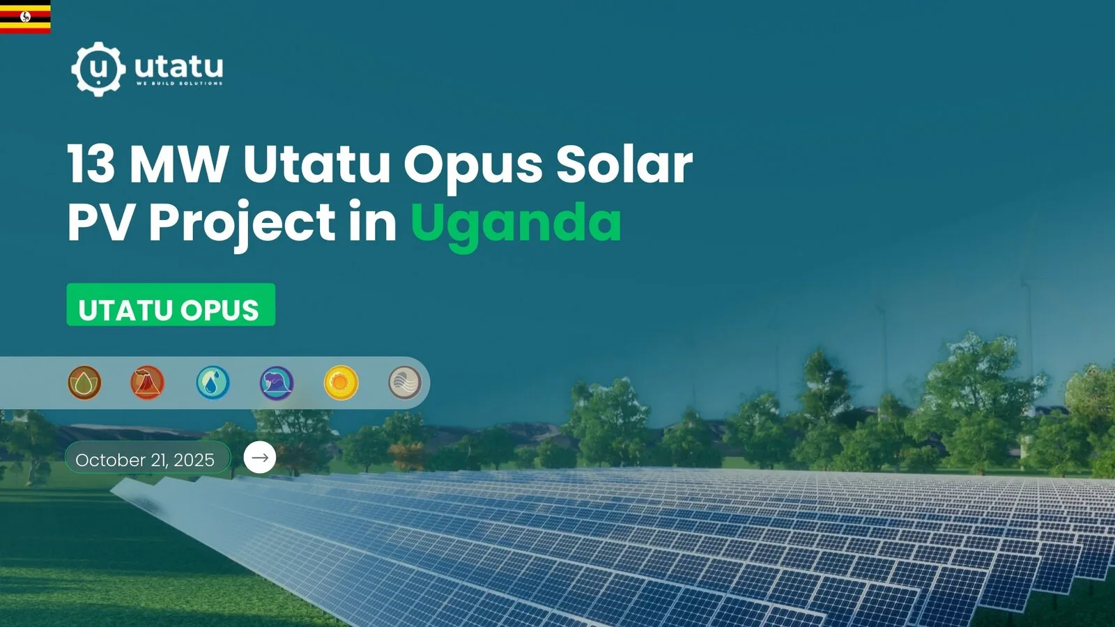 Title slide of a solar investment proposal: rows of solar panels and trees under a teal sky