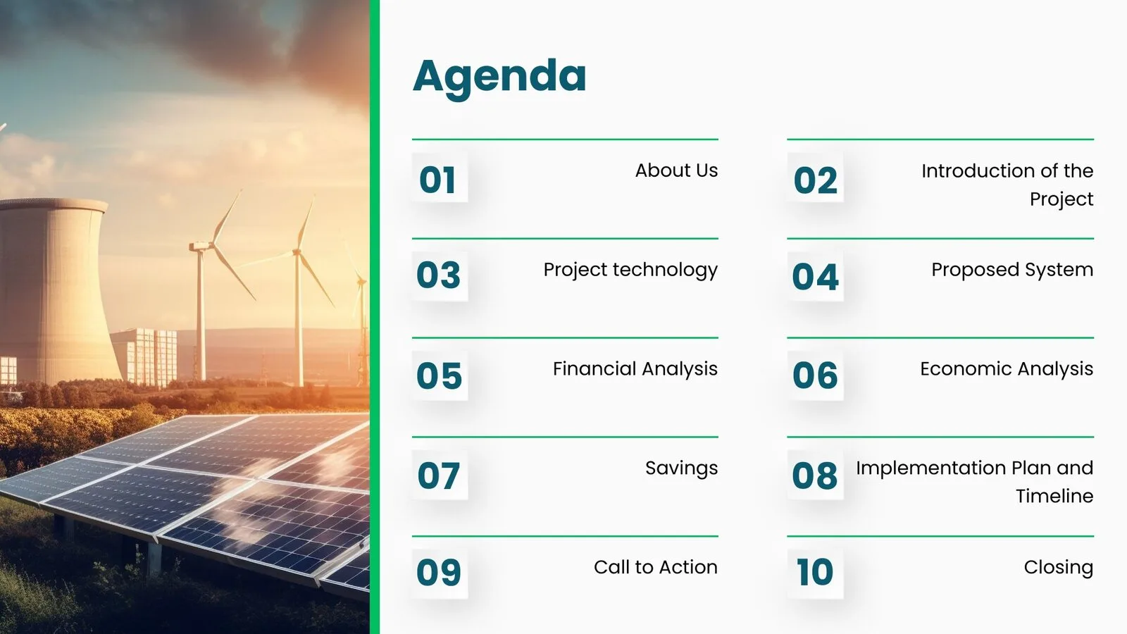 Agenda slide: numbered sections beside a photo of solar panels and wind turbines at sunset
