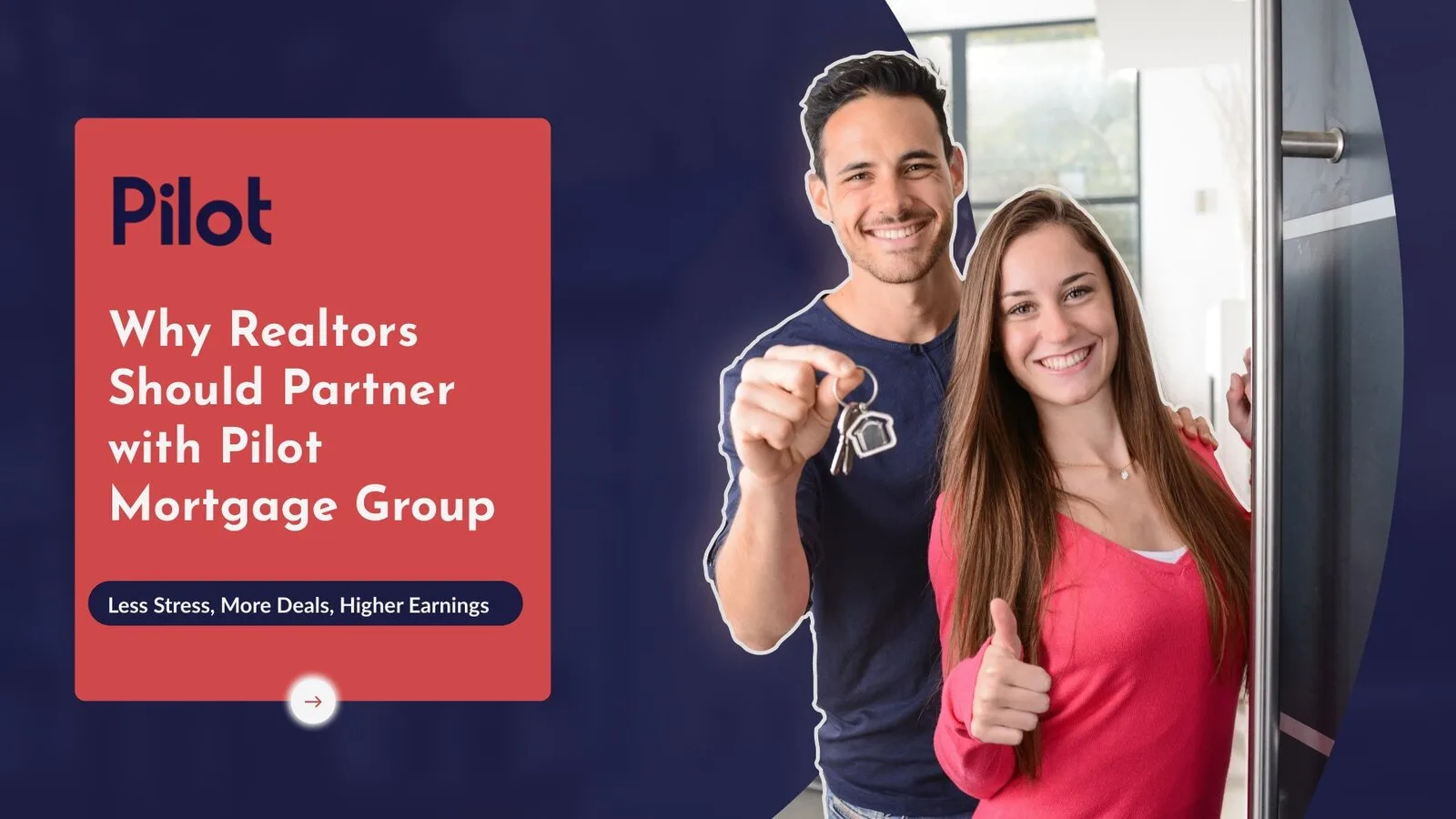 Title slide of a realtor partnership deck: a smiling couple holding house keys beside a coral title panel
