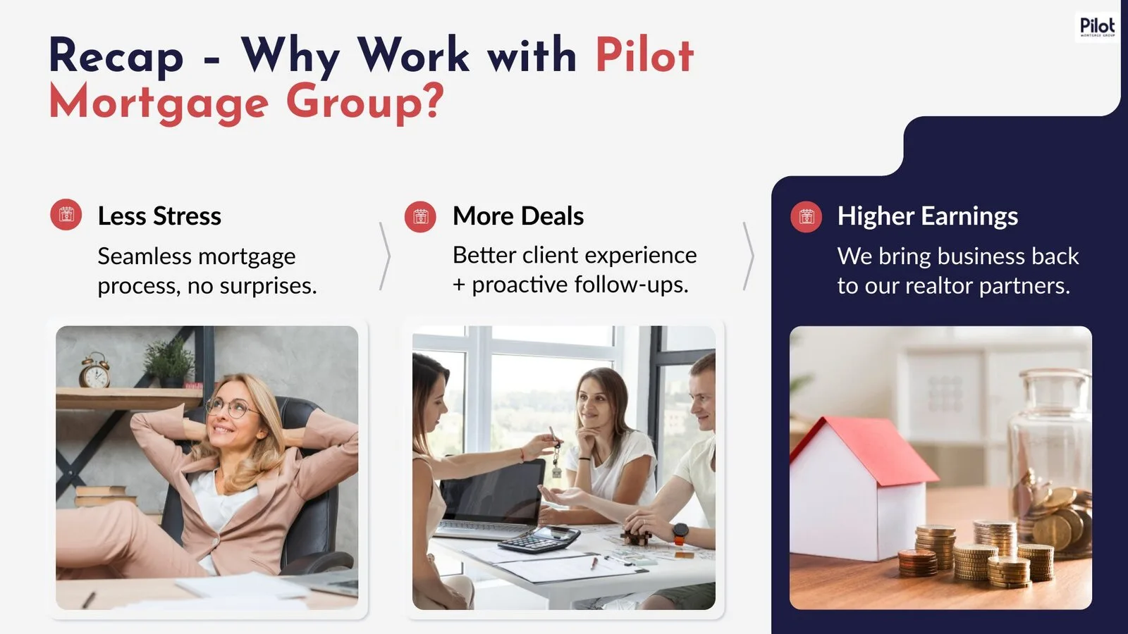 Recap slide: less stress, more deals and higher earnings, each with a photo
