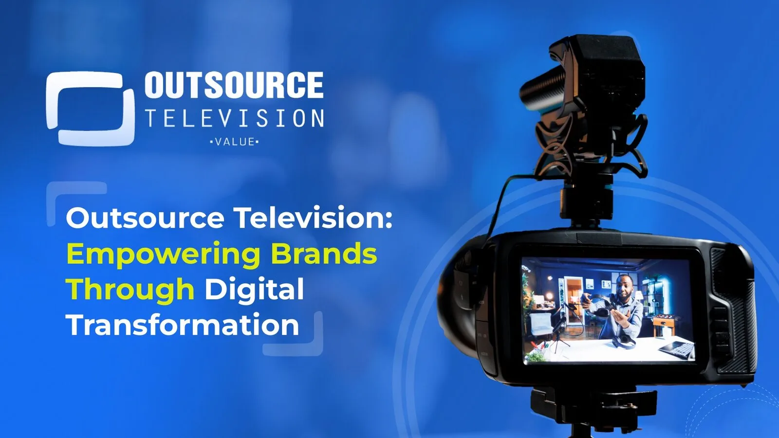 Title slide of a media consultancy proposal: a camera screen showing a presenter, on an electric blue background