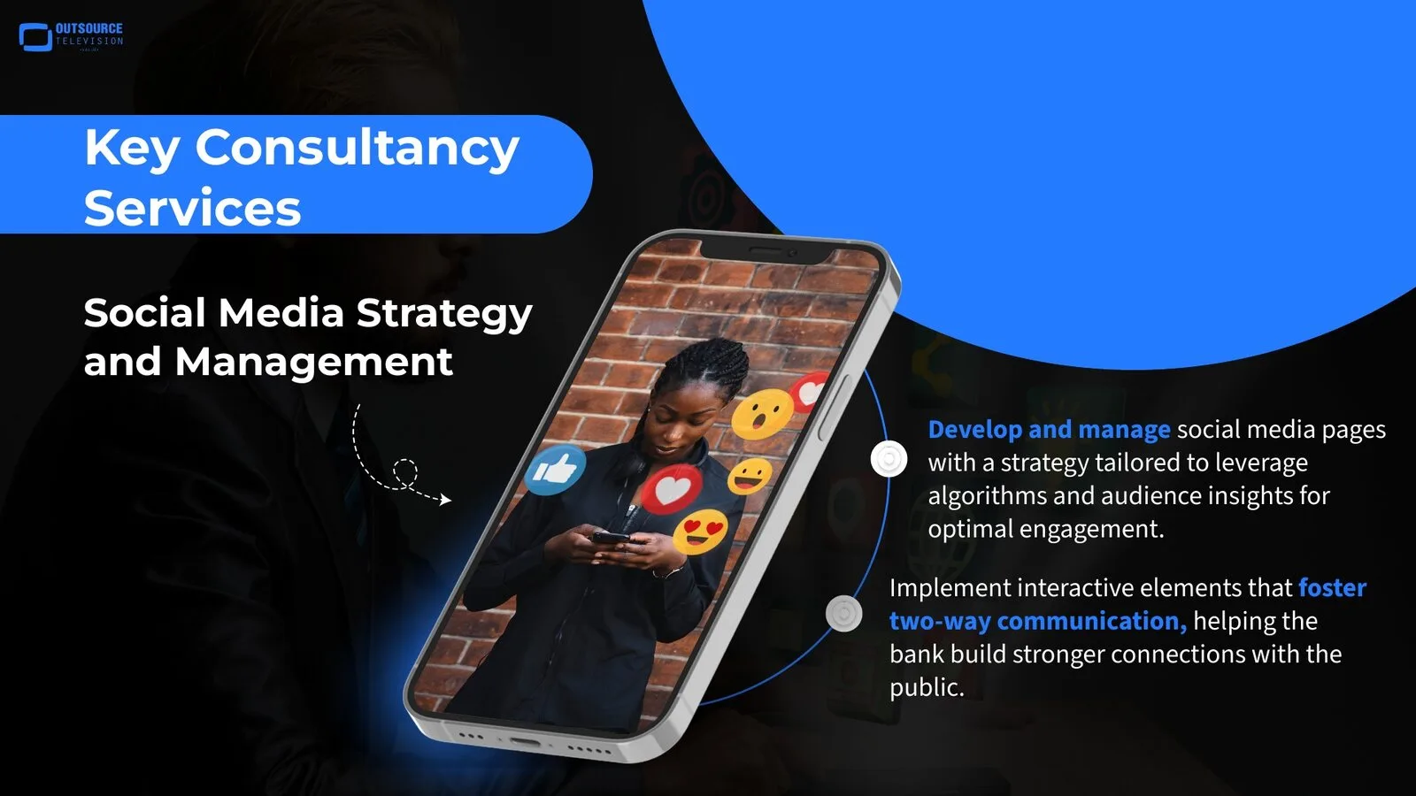 Social media strategy slide: a phone showing a woman surrounded by reaction icons, beside two short promises