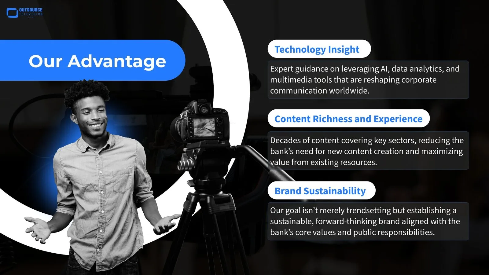 Advantage slide: a smiling presenter and a camera on a tripod beside the consultancy’s strengths