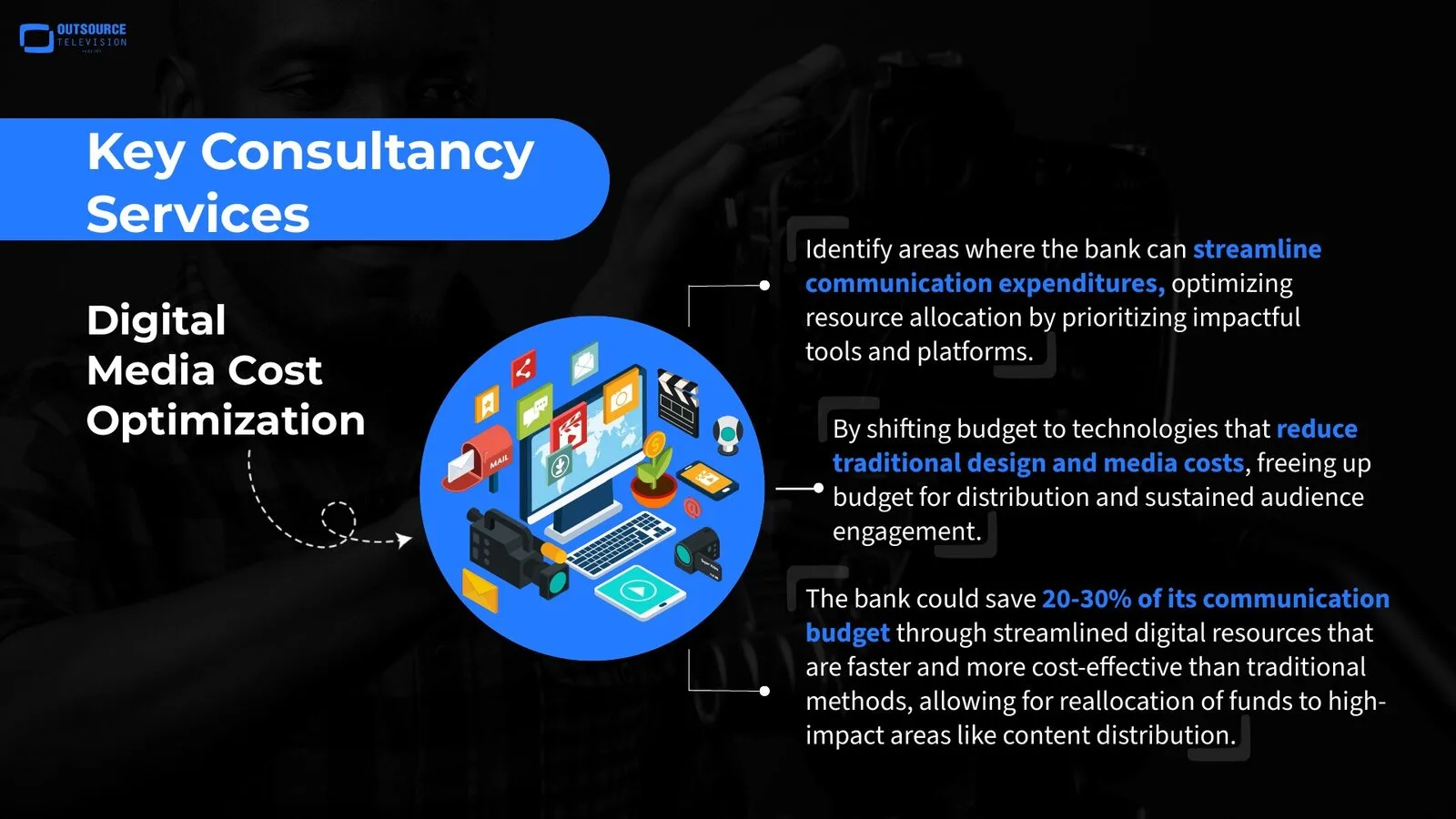 Cost optimisation slide: an illustrated media workstation beside budget-saving points