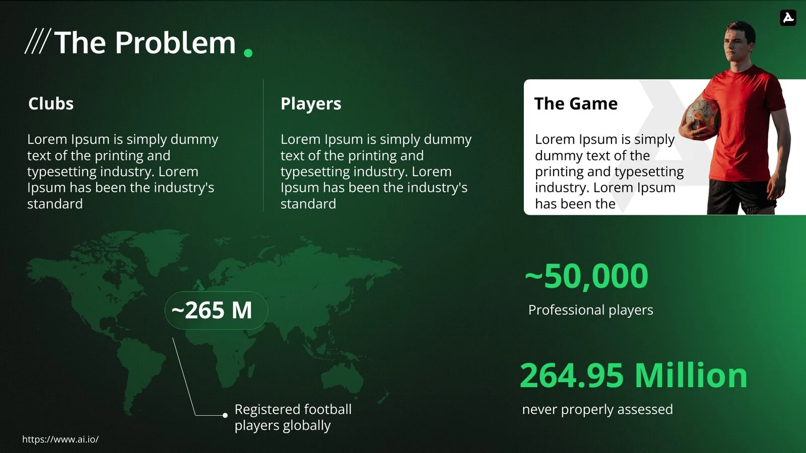 Problem slide: registered player figures on a world map, with placeholder text for clubs and players