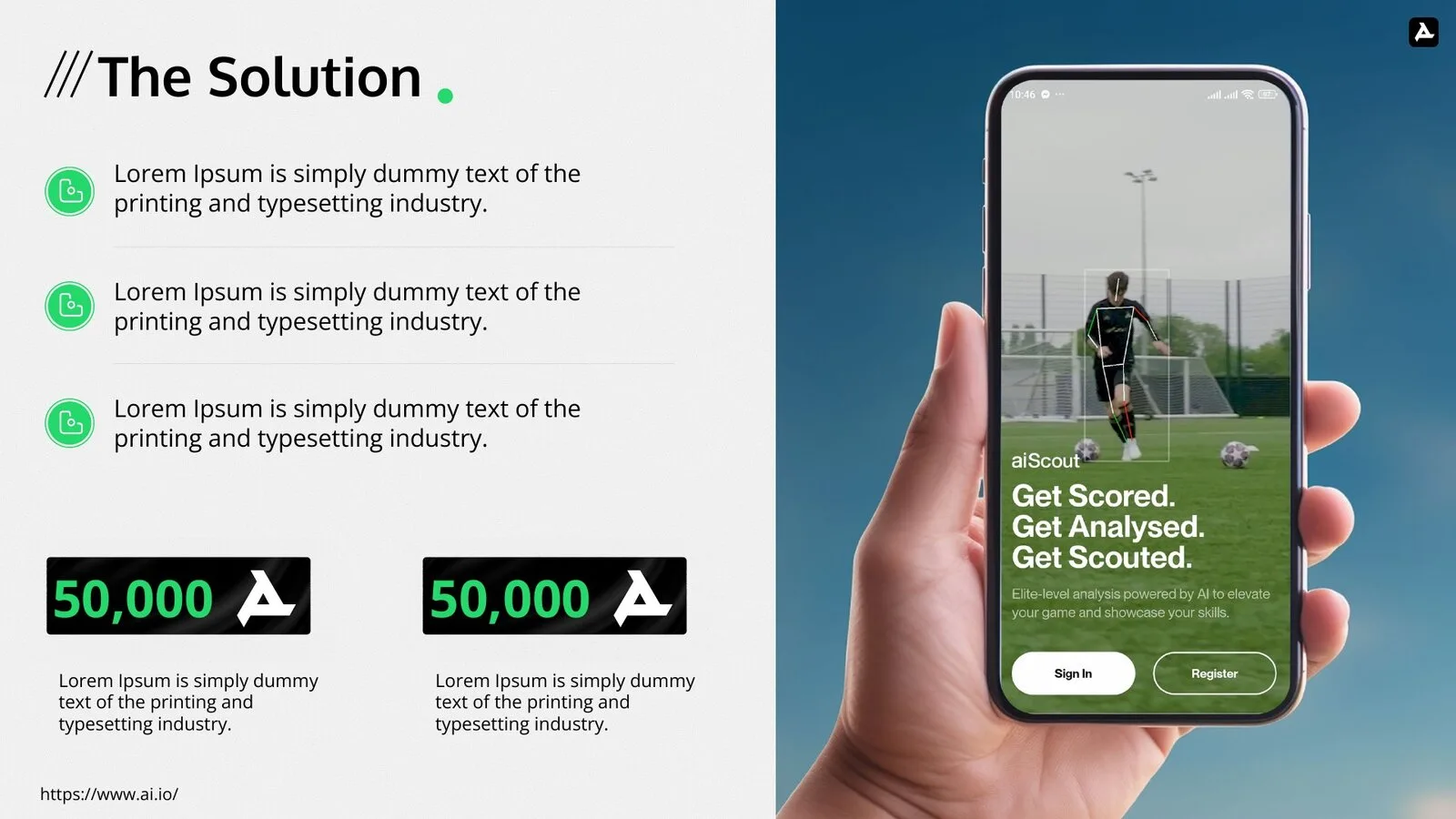 Solution slide: a phone showing the scouting app’s video analysis, beside placeholder points