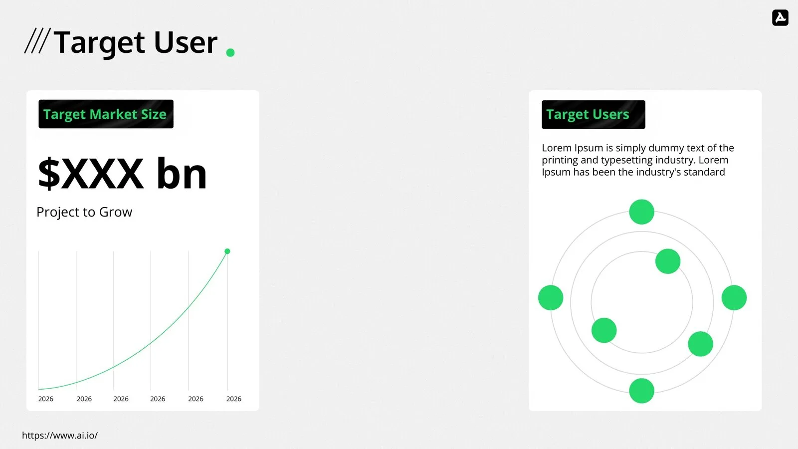 Target user slide: a market growth curve and a target audience diagram in pitch green