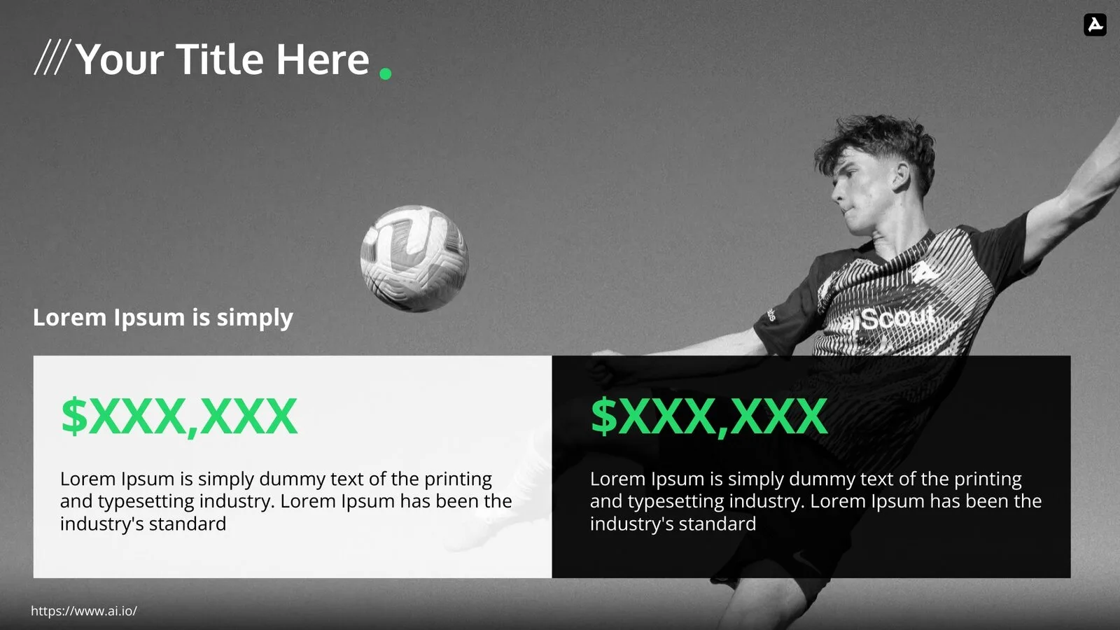 Content slide: a footballer volleying a ball above placeholder figure panels