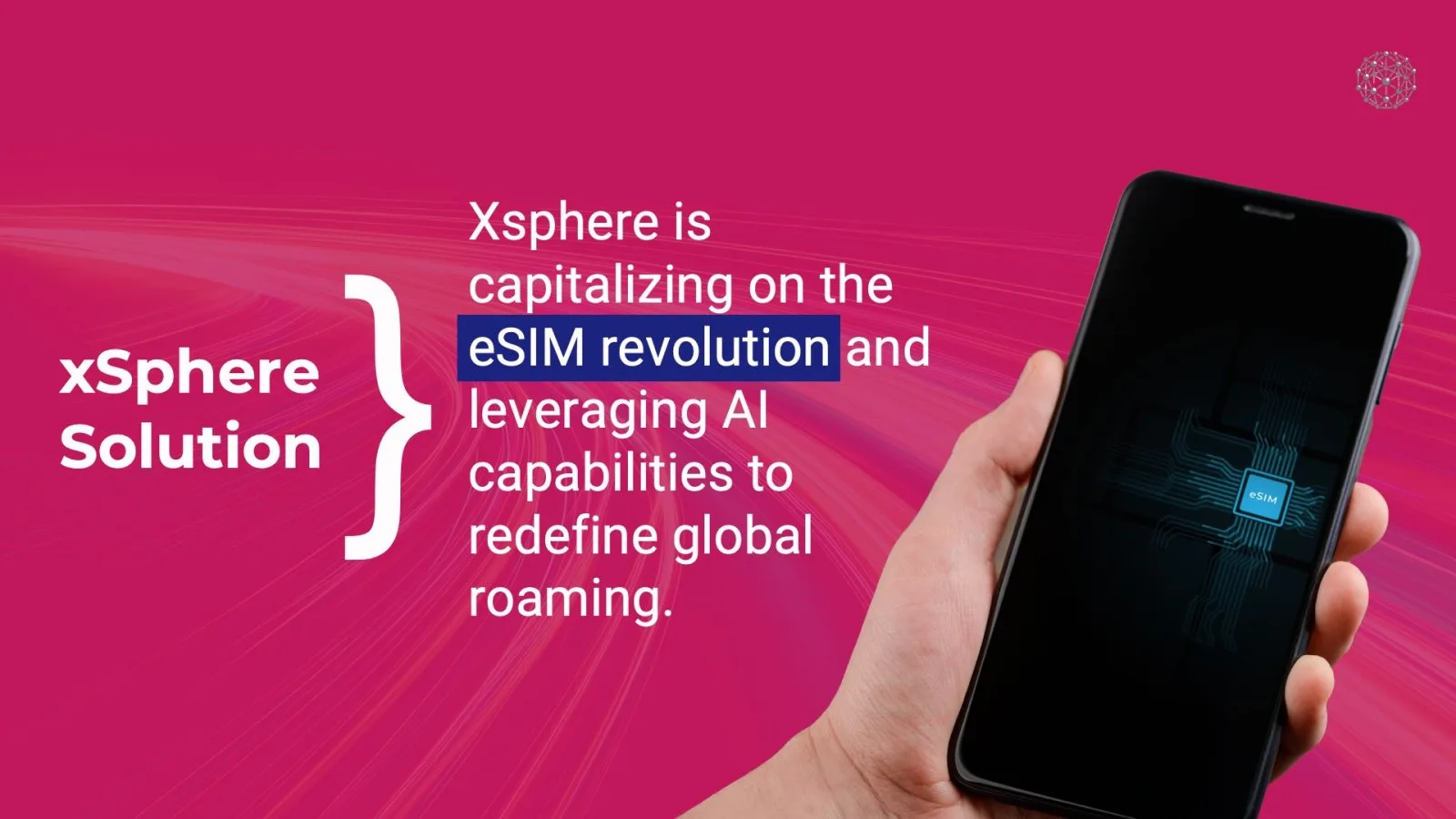 Solution slide on magenta: a hand holding a phone with an eSIM chip beside the solution statement
