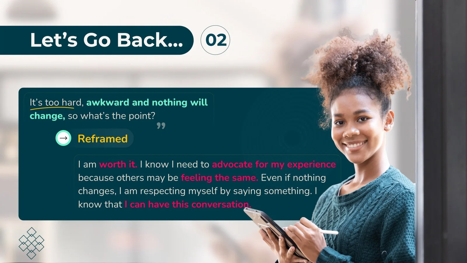 “Let’s Go Back…” slide: a story quote and its reframed version beside a smiling woman