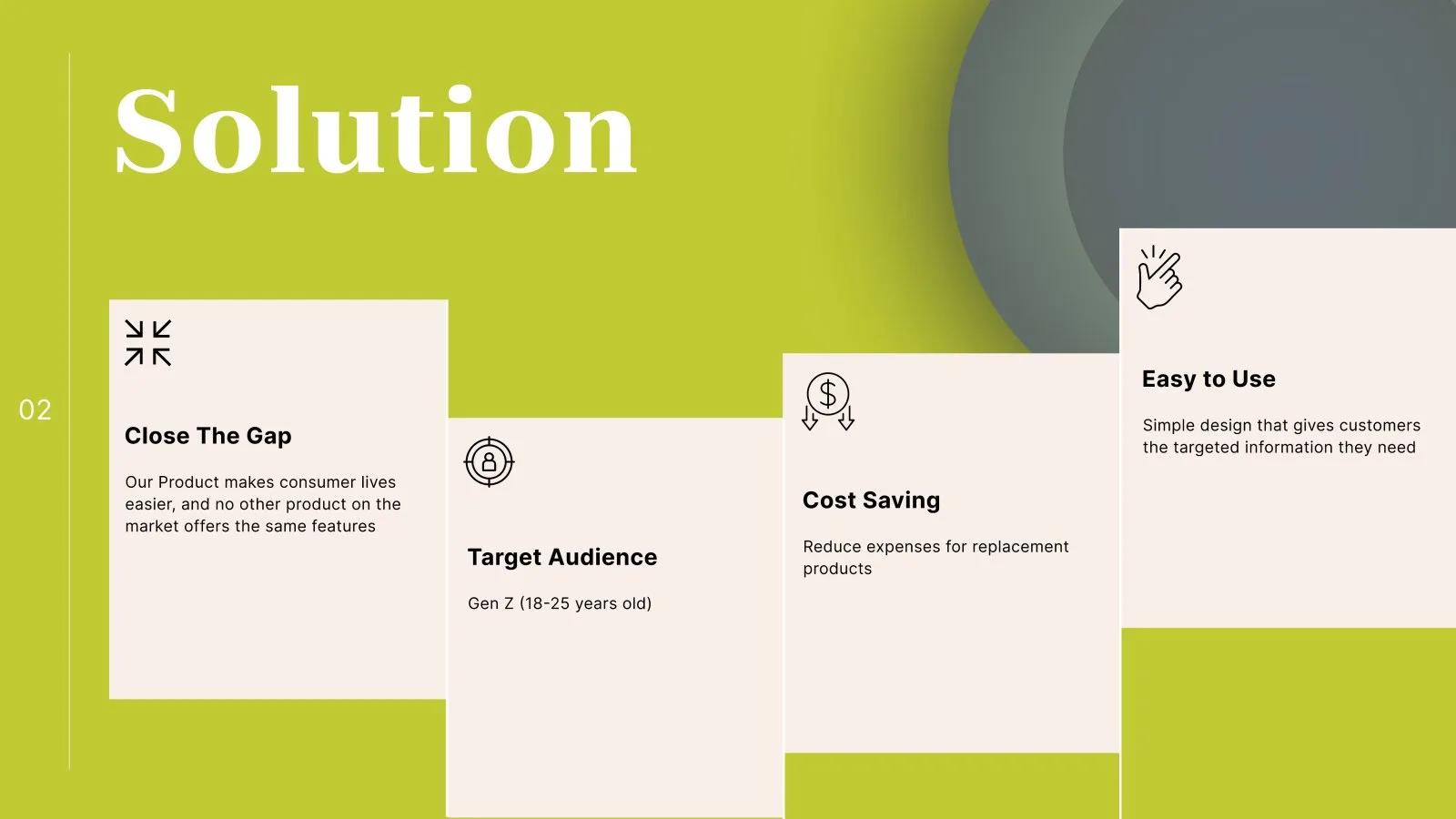 Solution slide: feature cards with line icons, stepped across a lime background