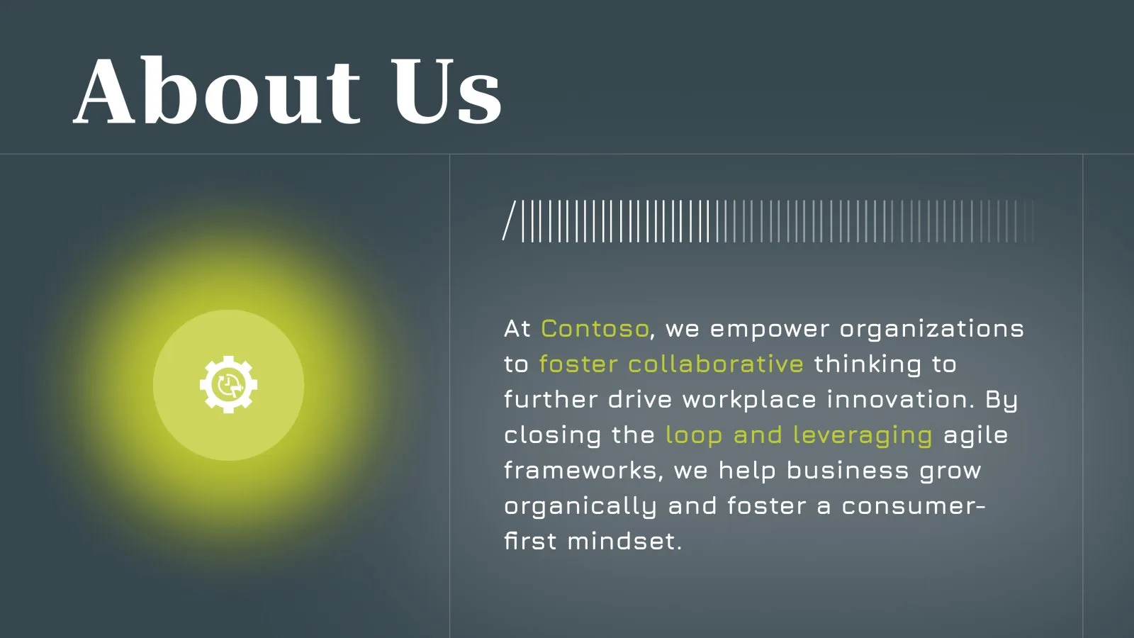 About us slide: a glowing lime icon beside the company story on charcoal