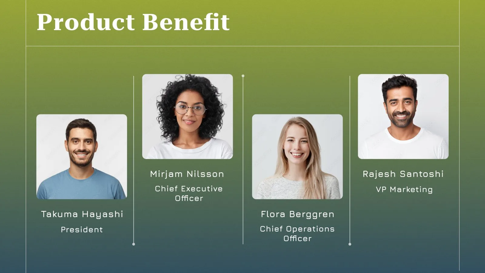 Team slide: portraits in rounded frames with sample names and roles on a green-to-slate gradient