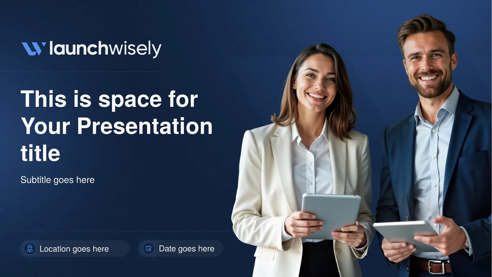 Template title slide on navy: a placeholder title and subtitle beside two smiling colleagues holding tablets